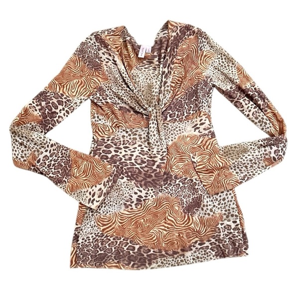 Sweet Pea tonal tan brown animal Print v neck sheer netting blouse top sz large - Picture 2 of 9